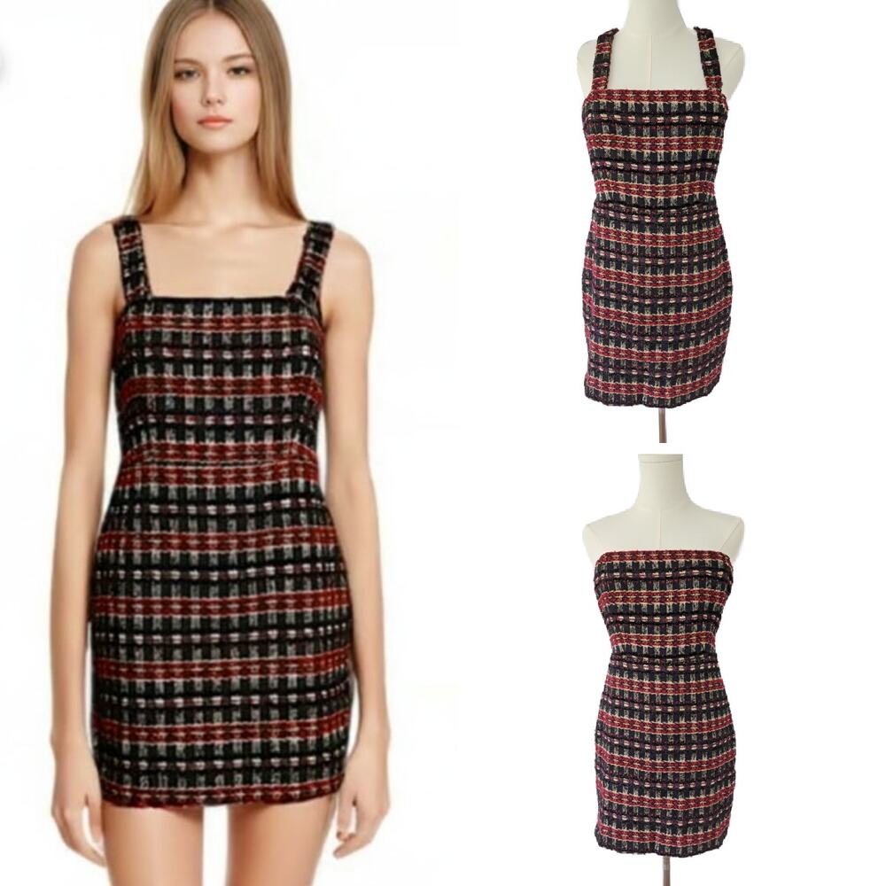 HOUSE OF HARLOW 1960 Tweed Plaid Mini Dress Small Strapless Red Black Gold Party